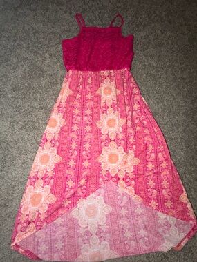 Girls Pink & Coral Maxi Dress Hi-Lo with Patterned Skirt